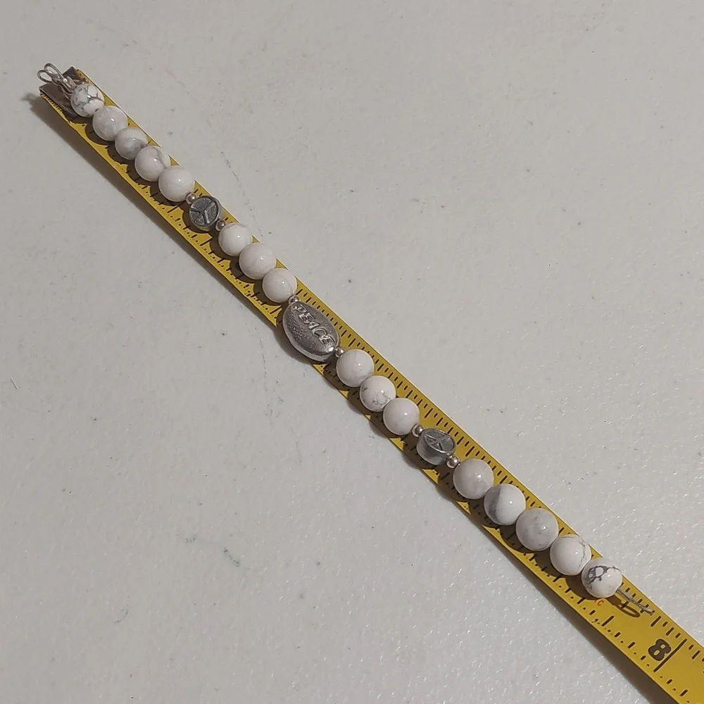 White Howlite Bead Bracelet with Silver Tone Accent PEACE Charm Peace Spacers